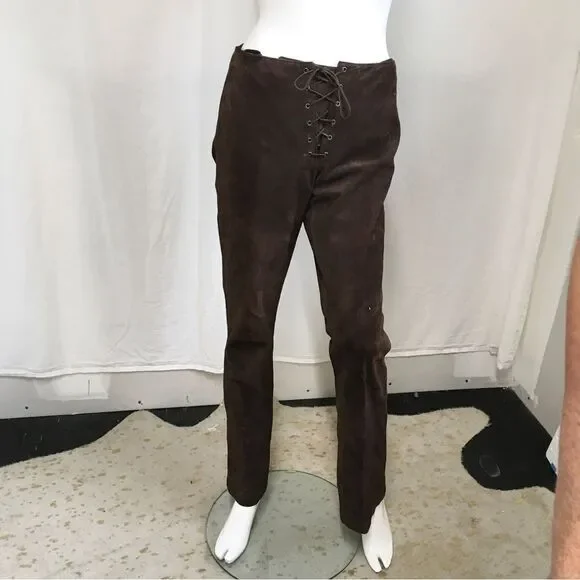 Ralph Lauren Vintage 90's Lace Up Brown Leather Suede Mid Rise Pants